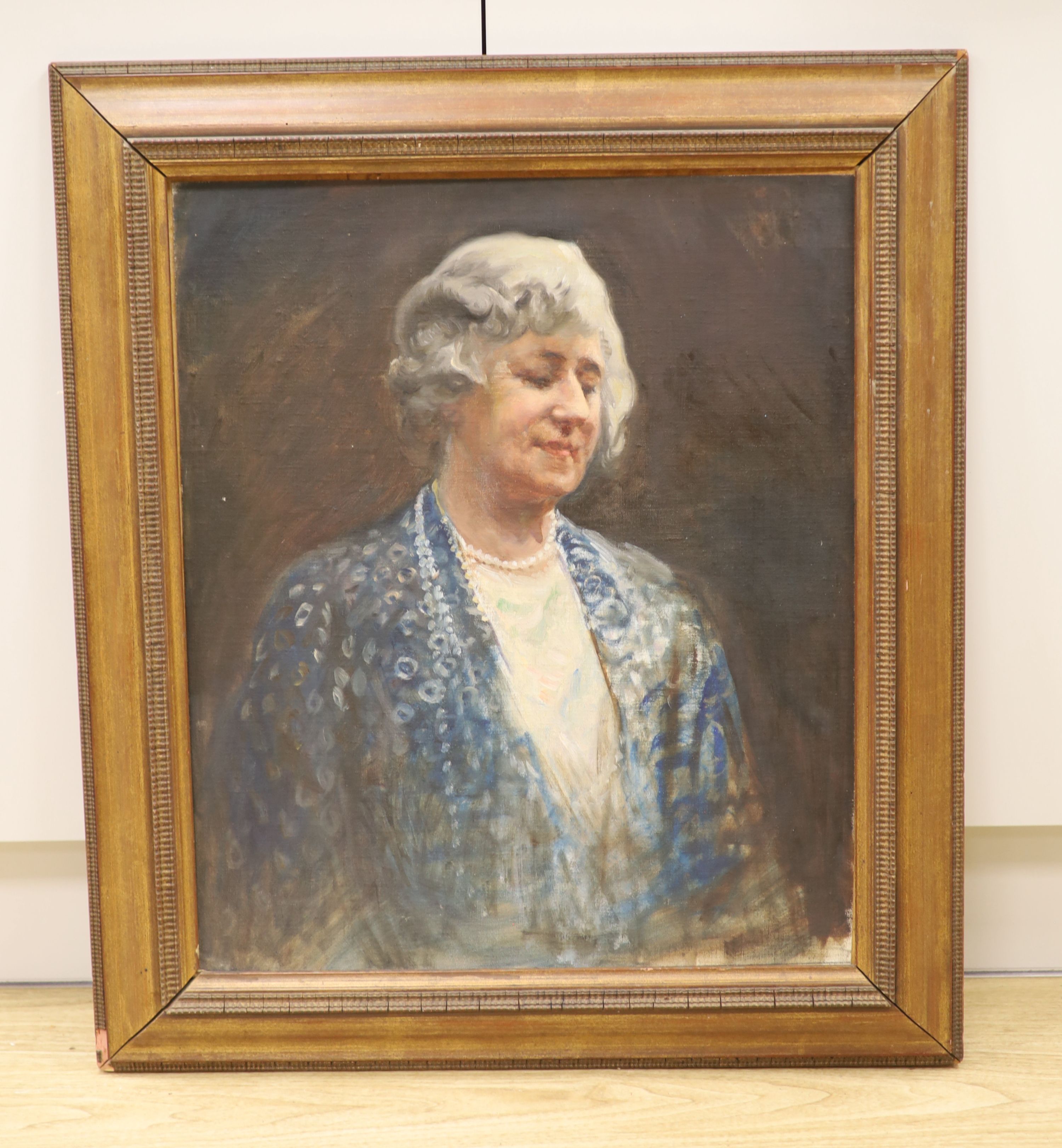 Percy Beer, oil on canvas laid on board, Portrait of Mrs M. Hall, 1935, 60 x 50cm